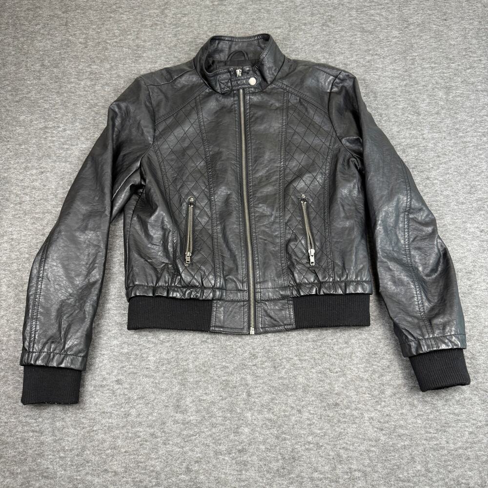 Lapis Women’s Faux Leather Moto Bomber Jacket Black Quilted size Large Edgy